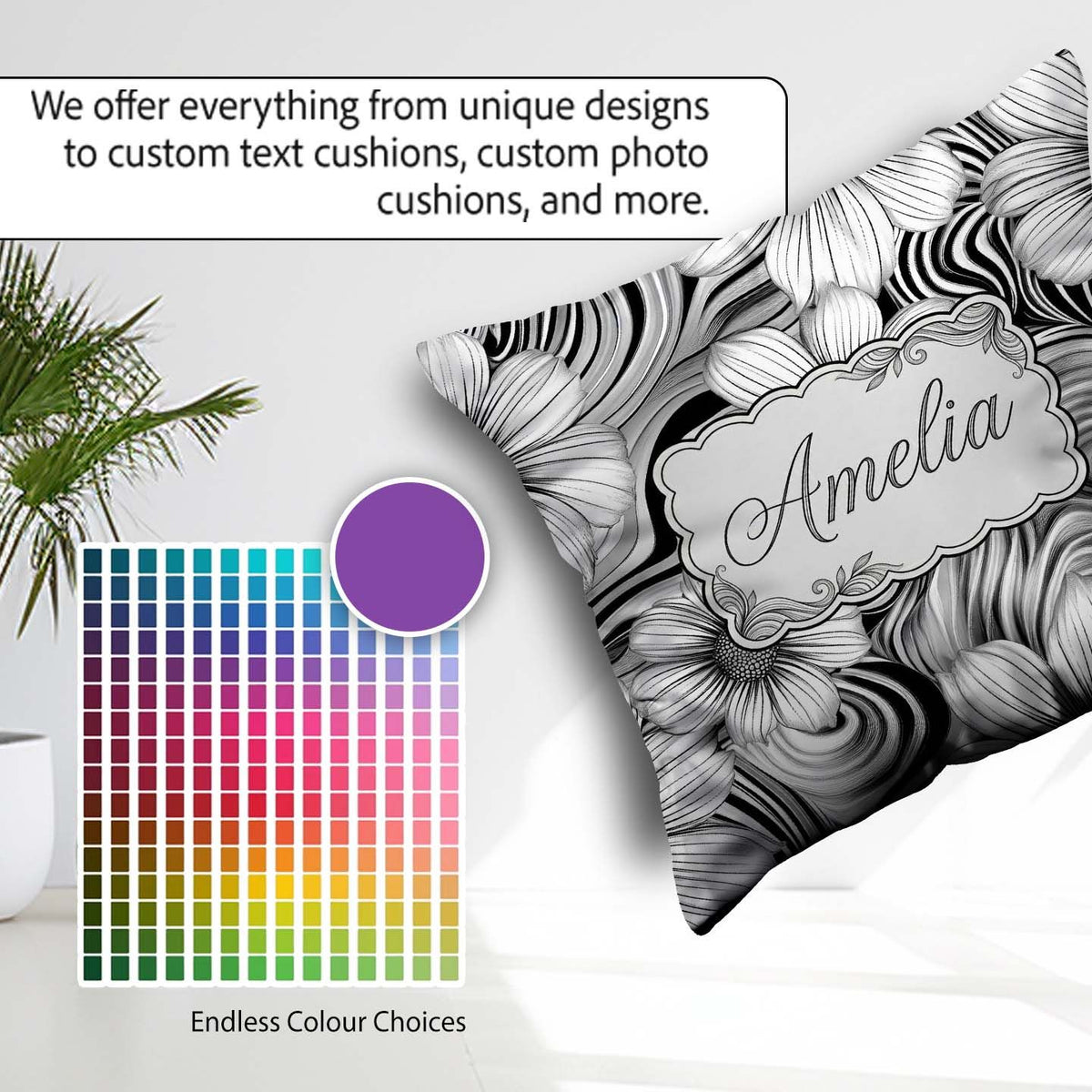 Custom Name Black White Floral Swirl Line Art Seamless Name Cute Square Filled Cushion Throw Pillow Sofa Bed Home Decor Zip Washable UK Made