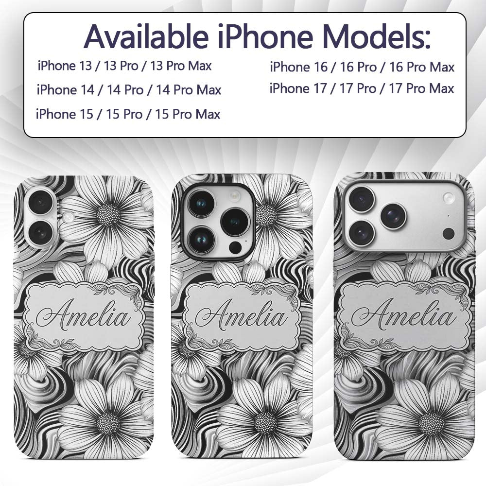 Black White Floral Swirl Line Art Printed Design Custom Name Protective Phone Case Mobile Cover Durable Everyday Smartphone Shock Resistant