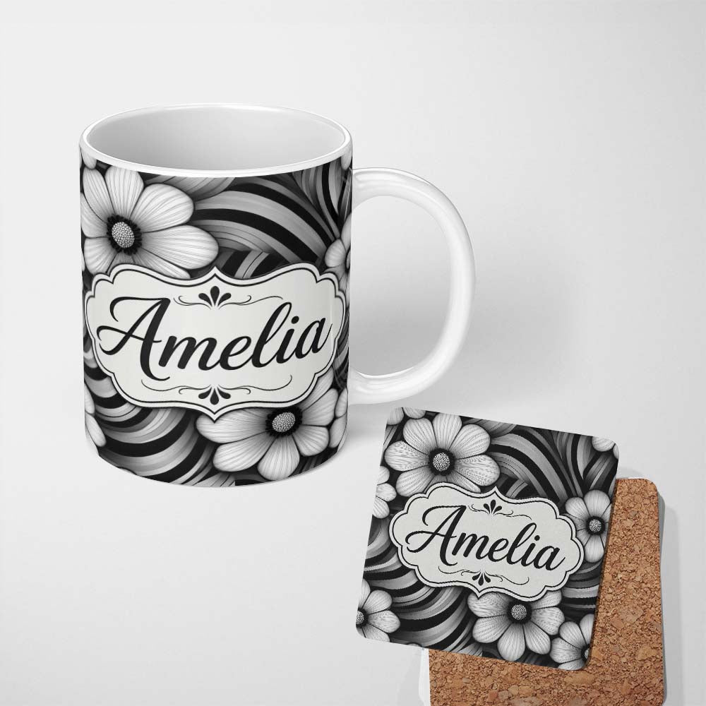 Personalized Custom Name Monochrome Flower Wave Abstract Background Seamless Pattern Name 11oz Ceramic Coffee Tea Mug White Large Handle