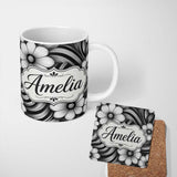 Personalized Custom Name Monochrome Flower Wave Abstract Background Seamless Pattern Name 11oz Ceramic Coffee Tea Mug White Large Handle