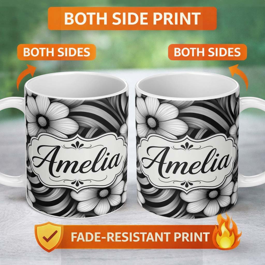 Personalized Custom Name Monochrome Flower Wave Abstract Background Seamless Pattern Name 11oz Ceramic Coffee Tea Mug White Large Handle