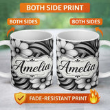 Personalized Custom Name Monochrome Flower Wave Abstract Background Seamless Pattern Name 11oz Ceramic Coffee Tea Mug White Large Handle