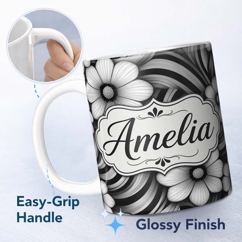 Personalized Custom Name Monochrome Flower Wave Abstract Background Seamless Pattern Name 11oz Ceramic Coffee Tea Mug White Large Handle