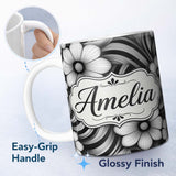 Personalized Custom Name Monochrome Flower Wave Abstract Background Seamless Pattern Name 11oz Ceramic Coffee Tea Mug White Large Handle