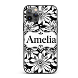 Black White Bold Floral Graphic Seamless Pattern Custom Name Protective Phone Case Mobile Cover Durable Everyday Smartphone Shock Resistant