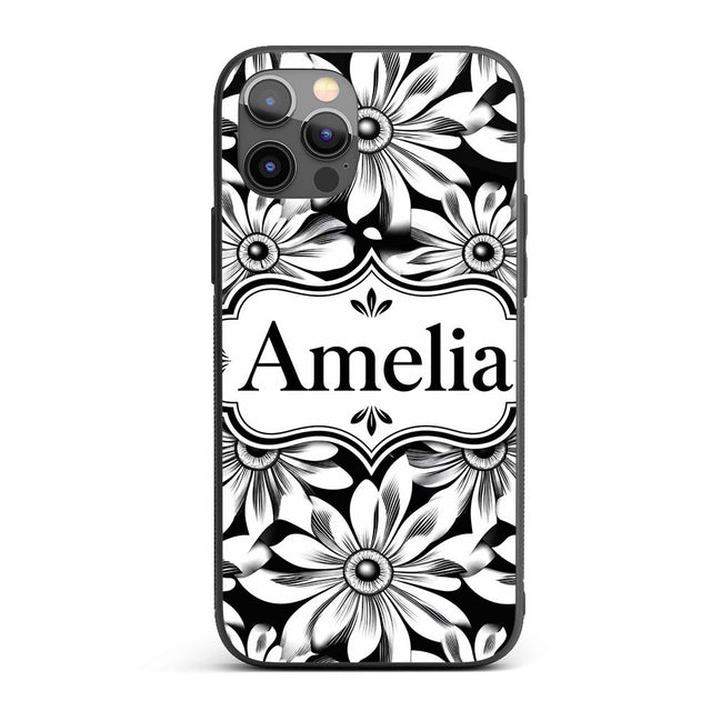 Black White Bold Floral Graphic Seamless Pattern Custom Name Protective Phone Case Mobile Cover Durable Everyday Smartphone Shock Resistant
