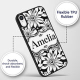 Black White Bold Floral Graphic Seamless Pattern Custom Name Protective Phone Case Mobile Cover Durable Everyday Smartphone Shock Resistant
