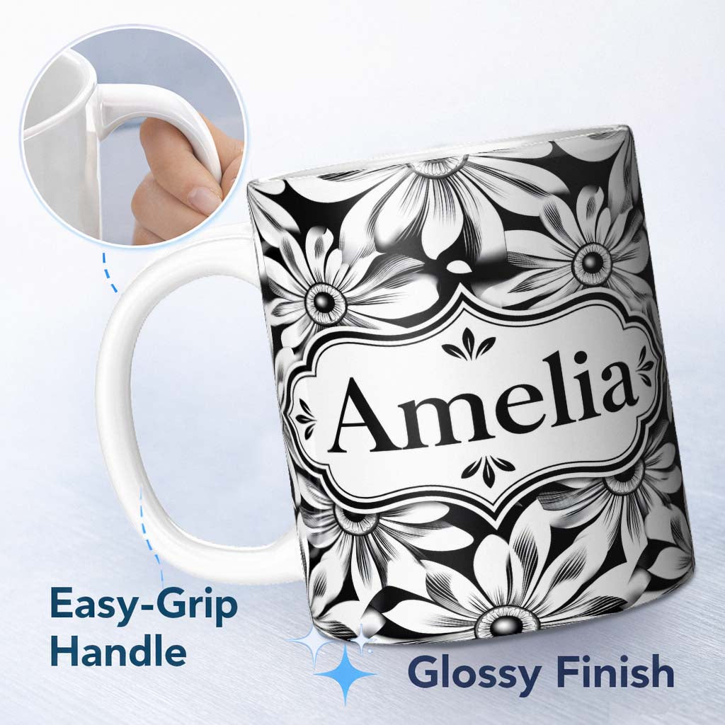Personalized Custom Name Black White Bold Floral Graphic Seamless Pattern Name Cute Unique 11oz Ceramic Coffee Tea Mug White Large Handle
