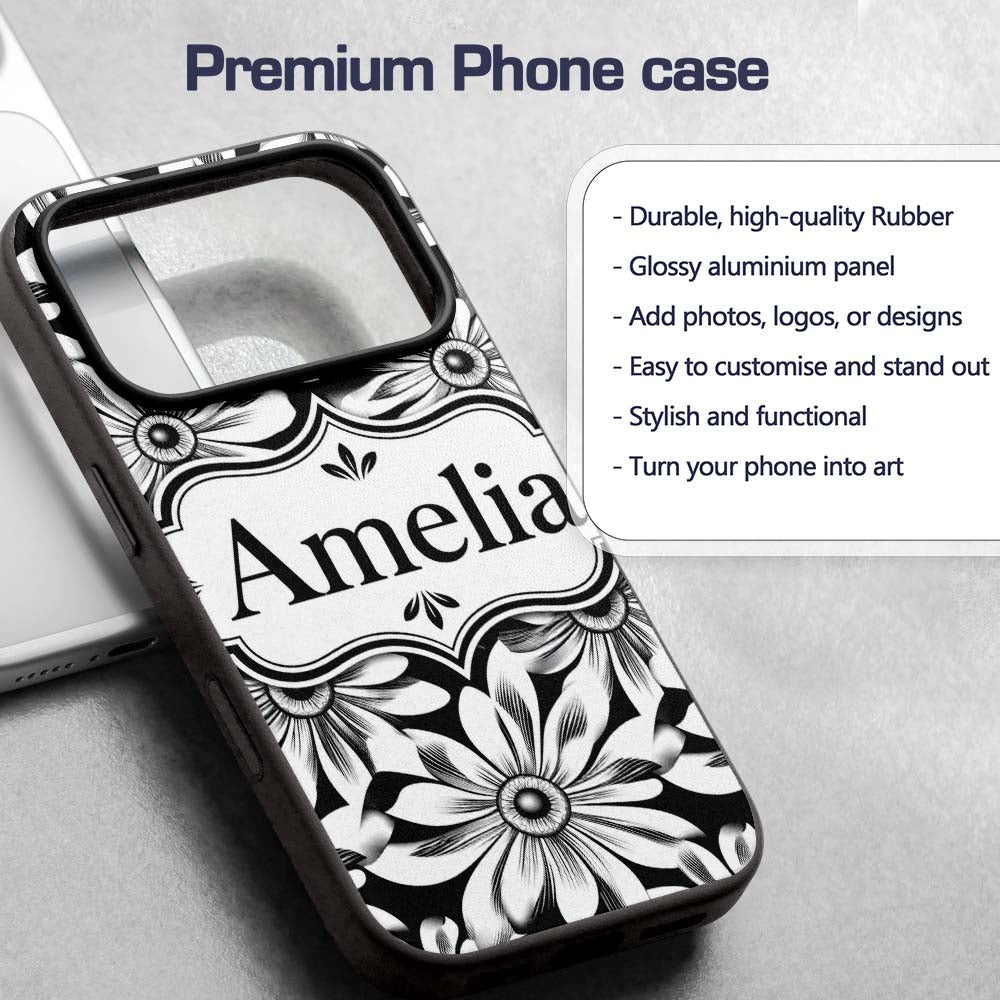 Black White Bold Floral Graphic Seamless Pattern Custom Name Protective Phone Case Mobile Cover Durable Everyday Smartphone Shock Resistant