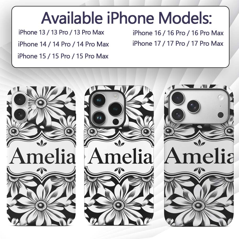 Black White Bold Floral Graphic Seamless Pattern Custom Name Protective Phone Case Mobile Cover Durable Everyday Smartphone Shock Resistant