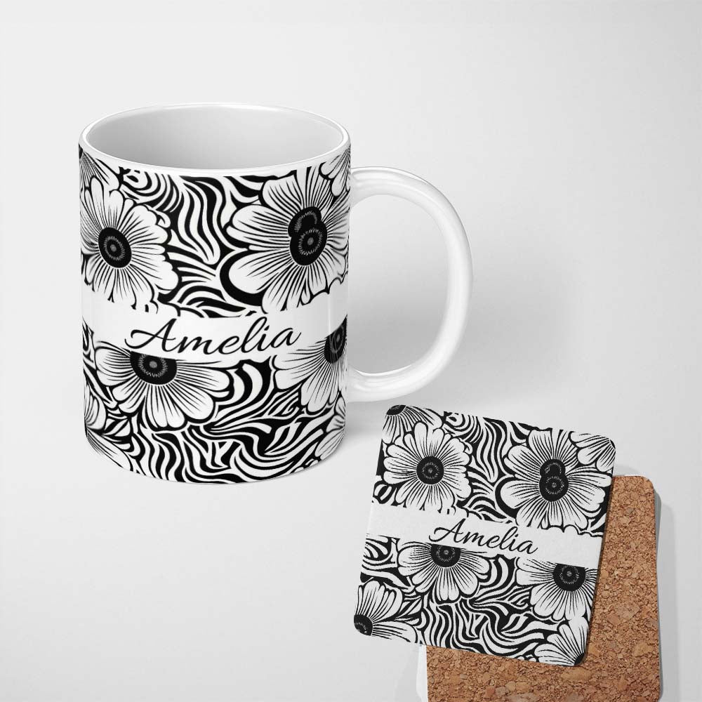 Personalized Custom Name Black White Flower Repeat Seamless Pattern Name Cute Unique Gift 11oz Ceramic Coffee Tea Mug White Large Handle