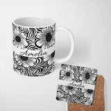 Personalized Custom Name Black White Flower Repeat Seamless Pattern Name Cute Unique Gift 11oz Ceramic Coffee Tea Mug White Large Handle