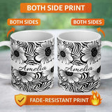 Personalized Custom Name Black White Flower Repeat Seamless Pattern Name Cute Unique Gift 11oz Ceramic Coffee Tea Mug White Large Handle