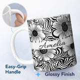 Personalized Custom Name Black White Flower Repeat Seamless Pattern Name Cute Unique Gift 11oz Ceramic Coffee Tea Mug White Large Handle