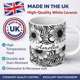 Personalized Custom Name Black White Flower Repeat Seamless Pattern Name Cute Unique Gift 11oz Ceramic Coffee Tea Mug White Large Handle