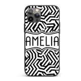 Black White Wavy Checkered Optical Printed Design Custom Name Protective Phone Case Mobile Cover Durable Everyday Smartphone Shock Resistant
