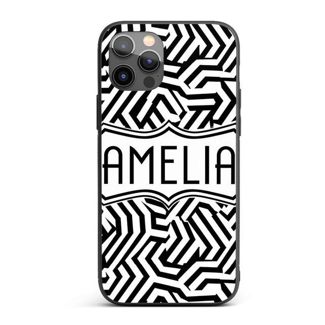 Black White Wavy Checkered Optical Printed Design Custom Name Protective Phone Case Mobile Cover Durable Everyday Smartphone Shock Resistant