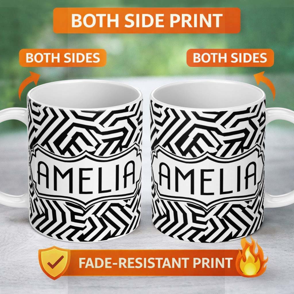 Personalized Custom Name Black White Wavy Checkered Optical Seamless Pattern Name Cute 11oz Ceramic Coffee Tea Mug White Large Handle