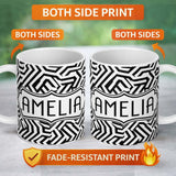 Personalized Custom Name Black White Wavy Checkered Optical Seamless Pattern Name Cute 11oz Ceramic Coffee Tea Mug White Large Handle