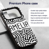 Black White Wavy Checkered Optical Printed Design Custom Name Protective Phone Case Mobile Cover Durable Everyday Smartphone Shock Resistant