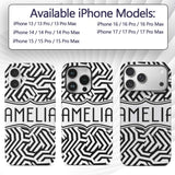 Black White Wavy Checkered Optical Printed Design Custom Name Protective Phone Case Mobile Cover Durable Everyday Smartphone Shock Resistant