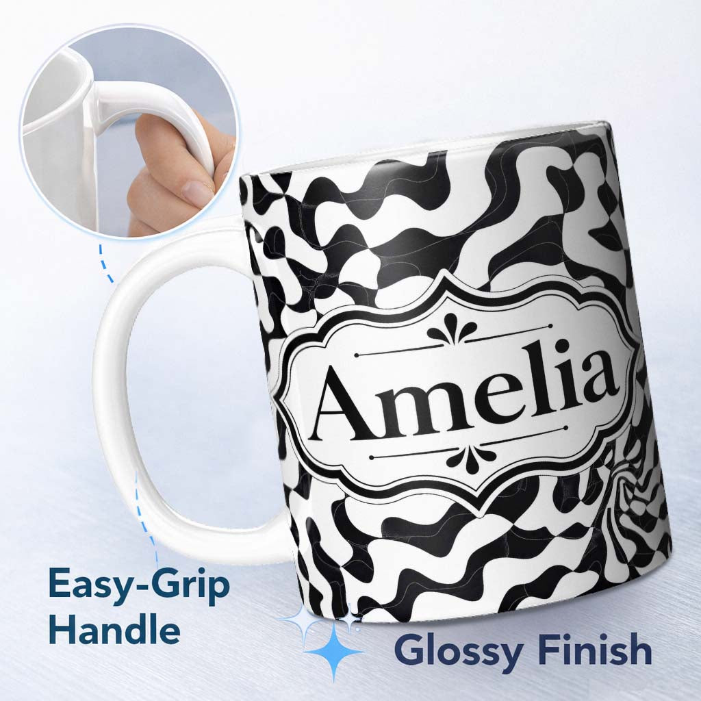 Personalized Custom Name Black White Geometric Maze Abstract Seamless Pattern Name Cute 11oz Ceramic Coffee Tea Mug White Large Handle