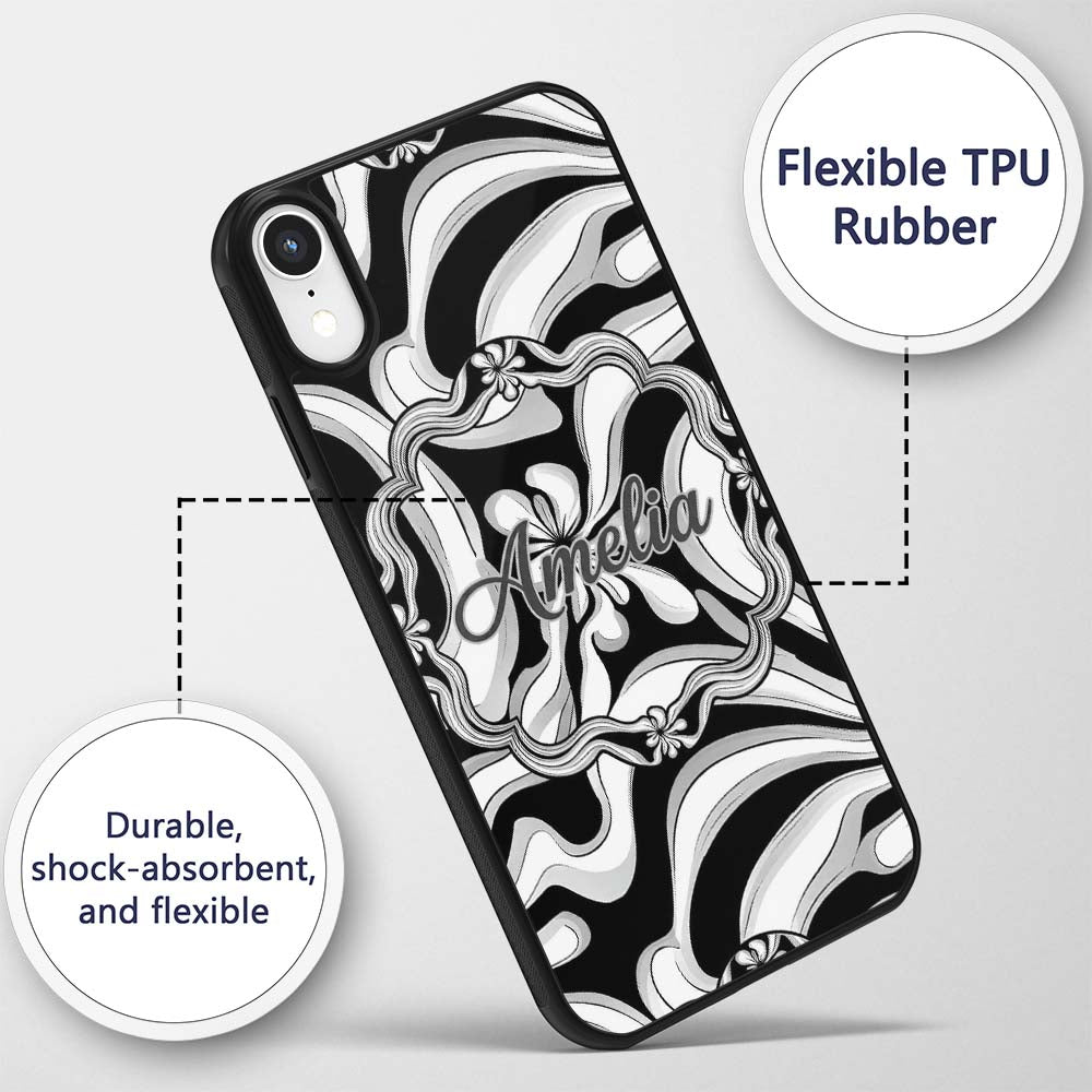 Black White Abstract Flowing Decorative Design Custom Name Protective Phone Case Mobile Cover Durable Everyday Smartphone Shock Resistant