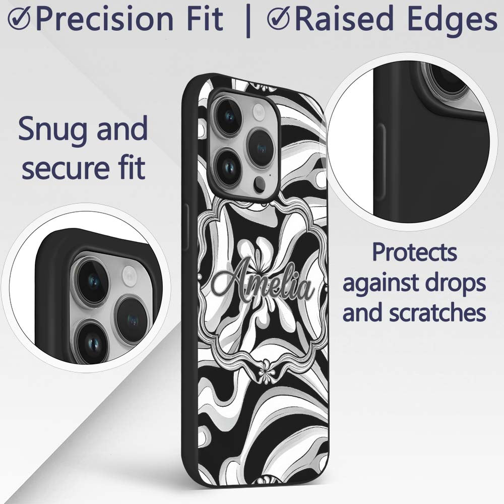 Black White Abstract Flowing Decorative Design Custom Name Protective Phone Case Mobile Cover Durable Everyday Smartphone Shock Resistant