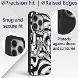 Black White Abstract Flowing Decorative Design Custom Name Protective Phone Case Mobile Cover Durable Everyday Smartphone Shock Resistant