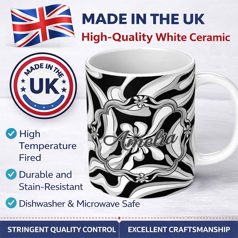 Personalized Custom Name Black White Abstract Flowing Liquid Marble Seamless Pattern Name 11oz Ceramic Coffee Tea Mug White Large Handle