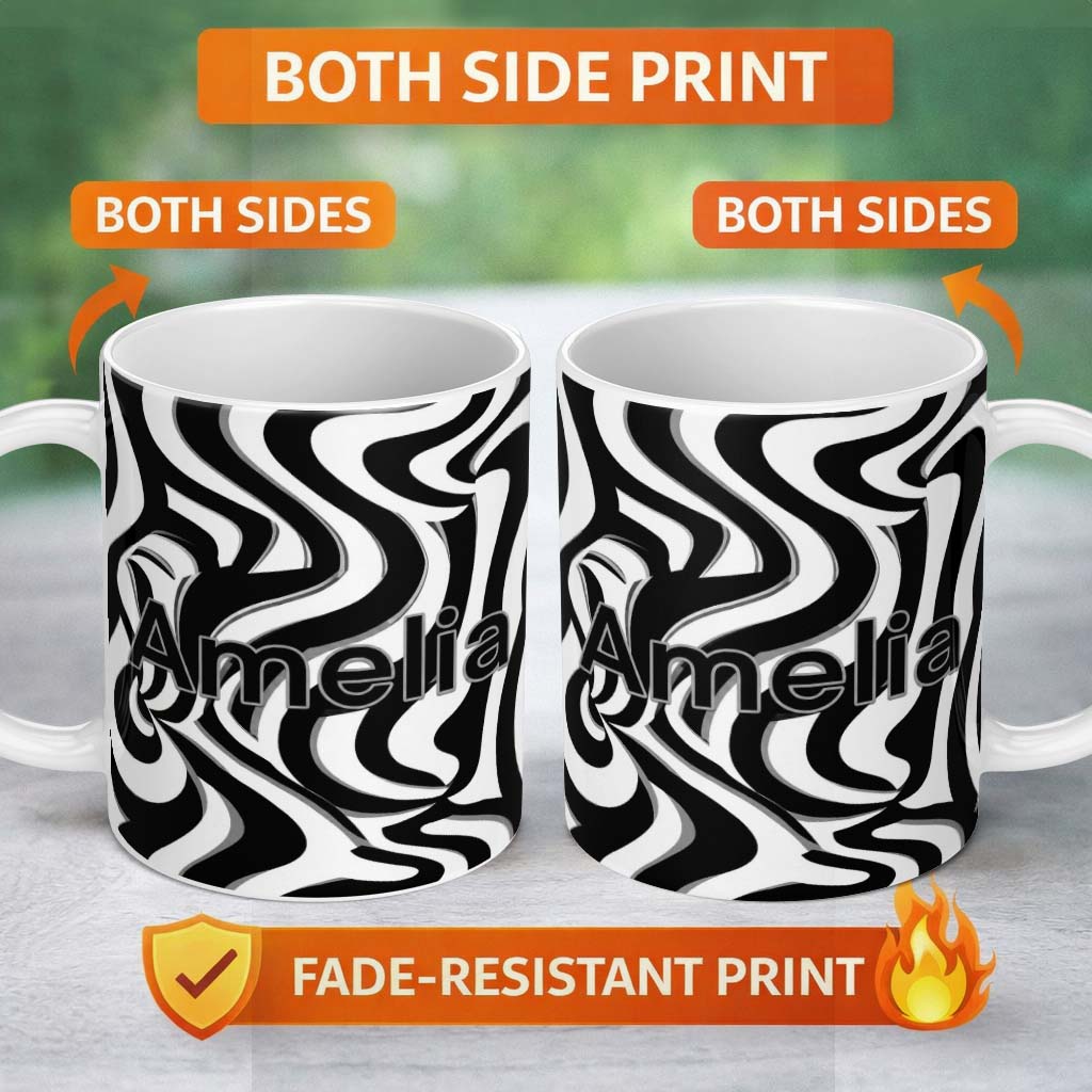 Personalized Custom Name Black White Zebra Wave Optical Abstract Seamless Pattern Name Cute 11oz Ceramic Coffee Tea Mug White Large Handle