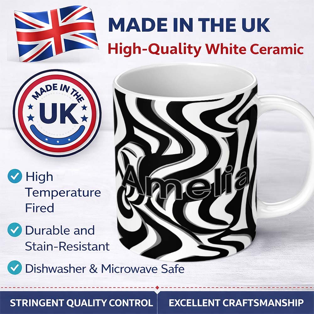 Personalized Custom Name Black White Zebra Wave Optical Abstract Seamless Pattern Name Cute 11oz Ceramic Coffee Tea Mug White Large Handle