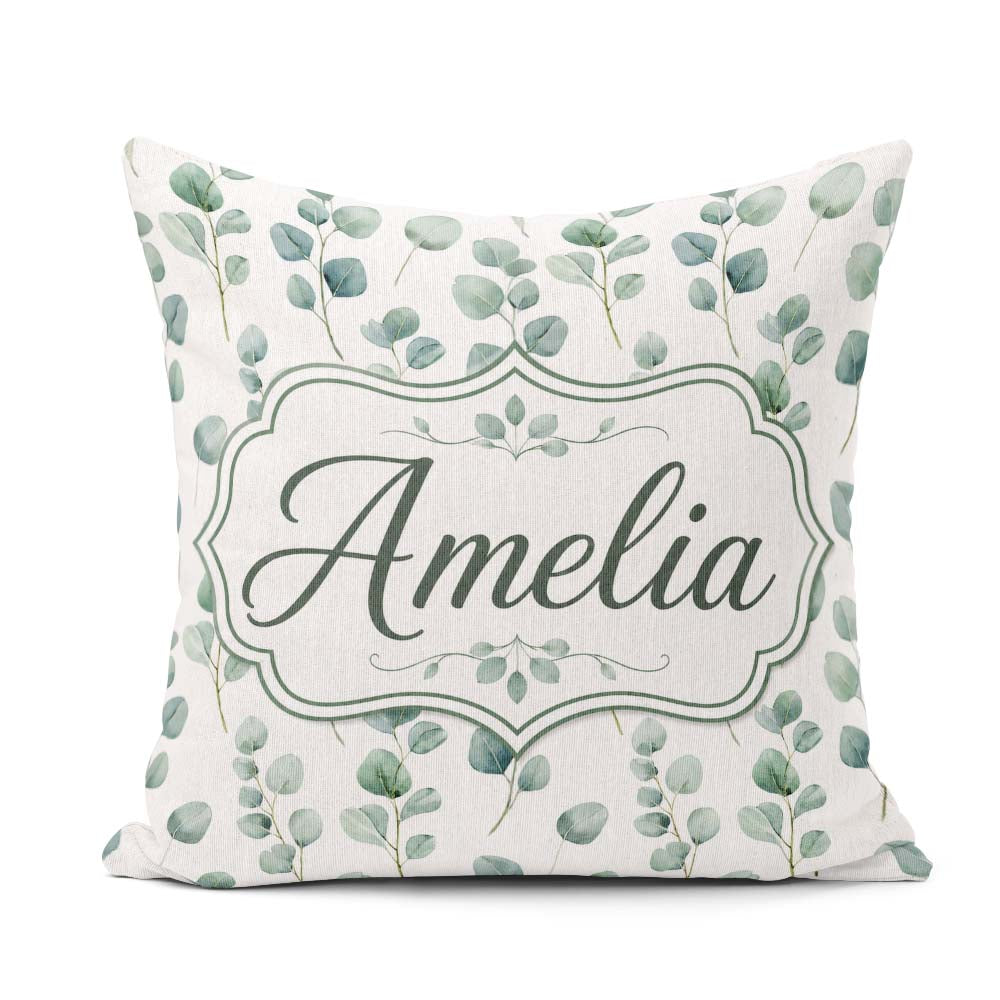 Custom Name Soft Green Leaf Botanical Seamless Pattern Name Cute Square Filled Cushion Throw Pillow Sofa Bed Home Decor Zip Washable UK Made