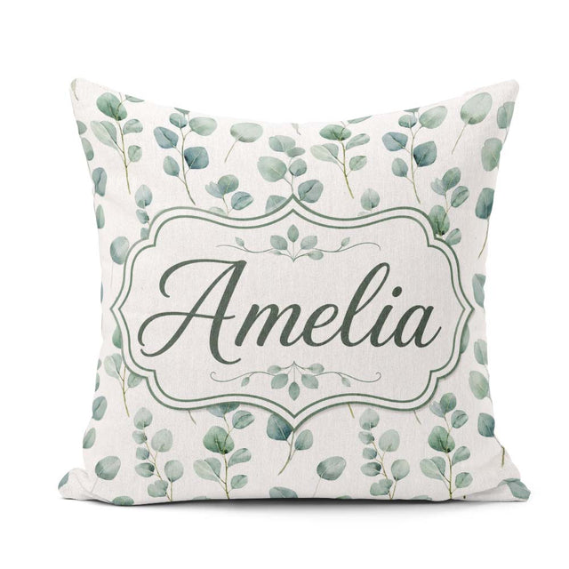 Custom Name Soft Green Leaf Botanical Seamless Pattern Name Cute Square Filled Cushion Throw Pillow Sofa Bed Home Decor Zip Washable UK Made