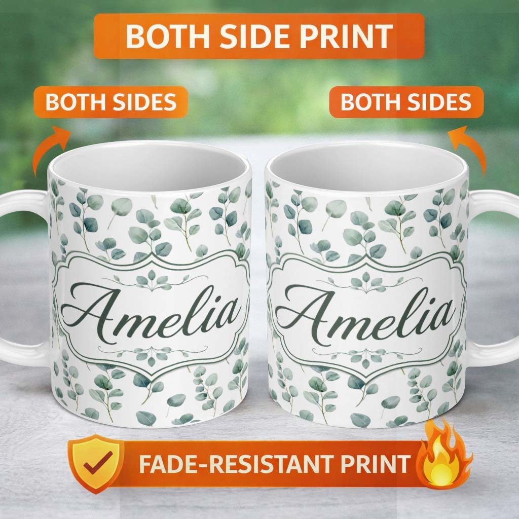 Personalized Custom Name Soft Green Eucalyptus Leaf Botanical Seamless Pattern Name Cute 11oz Ceramic Coffee Tea Mug White Large Handle