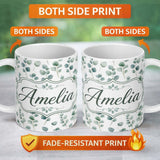 Personalized Custom Name Soft Green Eucalyptus Leaf Botanical Seamless Pattern Name Cute 11oz Ceramic Coffee Tea Mug White Large Handle