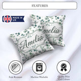 Custom Name Soft Green Leaf Botanical Seamless Pattern Name Cute Square Filled Cushion Throw Pillow Sofa Bed Home Decor Zip Washable UK Made