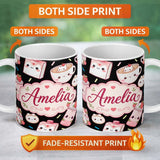 Personalized Custom Name Cute Kawaii Cute Drinks And Dessert Characters Seamless Pattern 11oz Ceramic Coffee Tea Mug White Large Handle