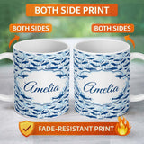 Personalized Custom Name Beige Whale Ocean Seamless Pattern Soft Marine Life Illustration 11oz Ceramic Coffee Tea Mug White Large Handle