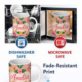 Personalized Custom Name Tropical Flamingo Bird with Exotic Flowers Leaves Pattern Peach 11oz Ceramic Coffee Tea Mug White Large Handle