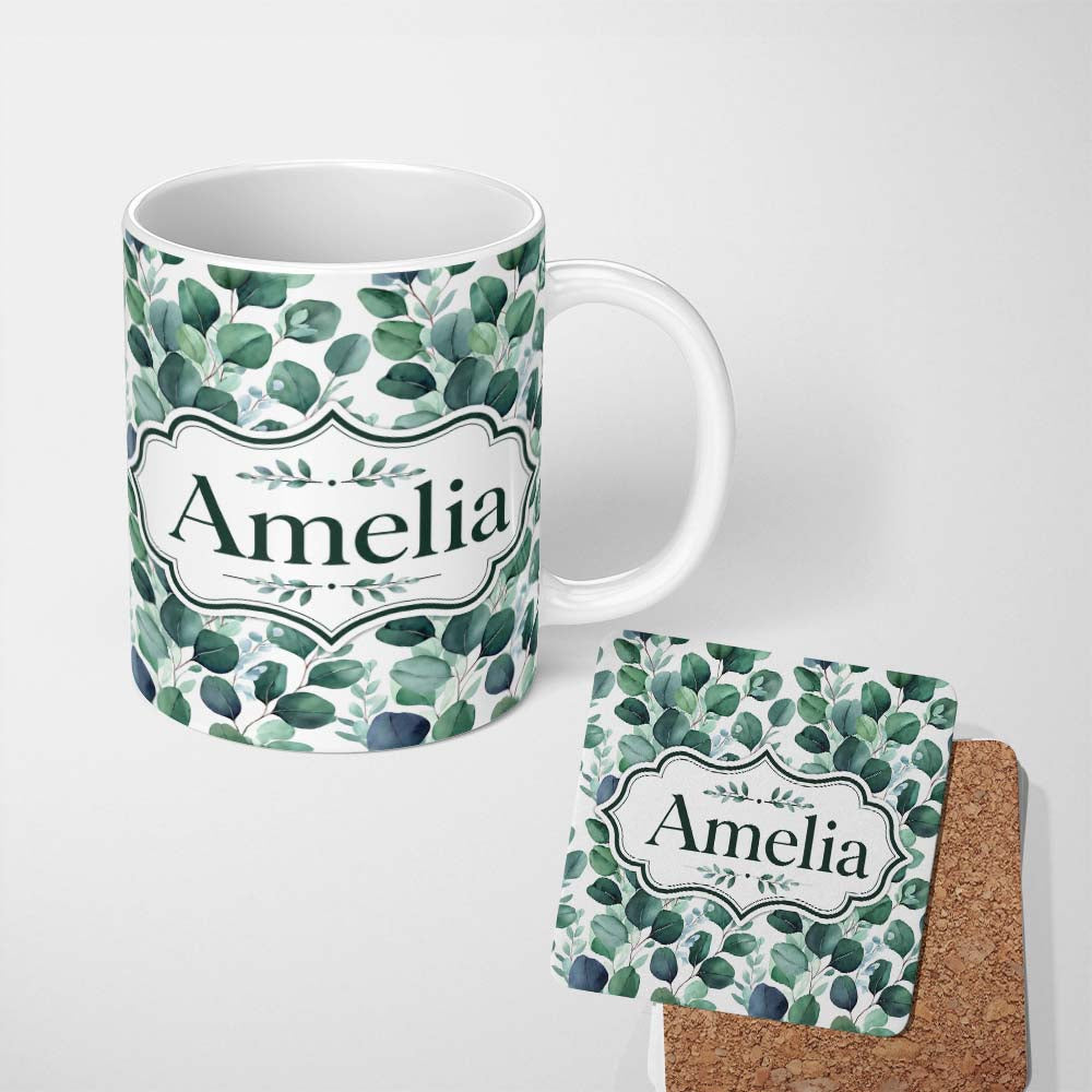 Personalized Custom Name Watercolor Eucalyptus Leaves Soft Botanical Seamless Pattern Name 11oz Ceramic Coffee Tea Mug White Large Handle