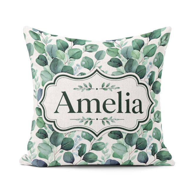 Custom Name Watercolor Eucalyptus Leaves Soft Botanical Seamless Square Filled Cushion Throw Pillow Sofa Bed Home Decor Zip Washable UK Made