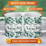 Personalized Custom Name Watercolor Eucalyptus Leaves Soft Botanical Seamless Pattern Name 11oz Ceramic Coffee Tea Mug White Large Handle