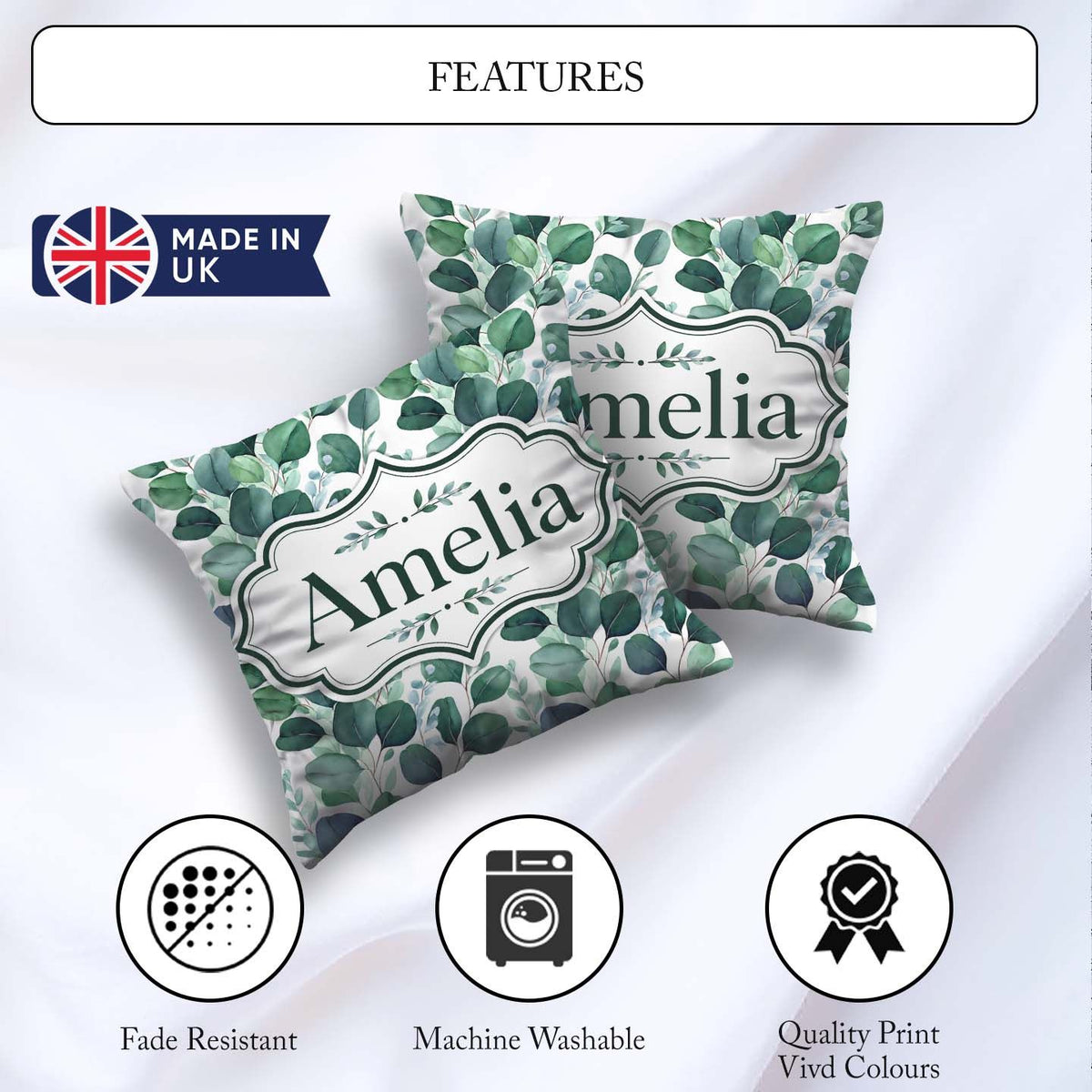 Custom Name Watercolor Eucalyptus Leaves Soft Botanical Seamless Square Filled Cushion Throw Pillow Sofa Bed Home Decor Zip Washable UK Made