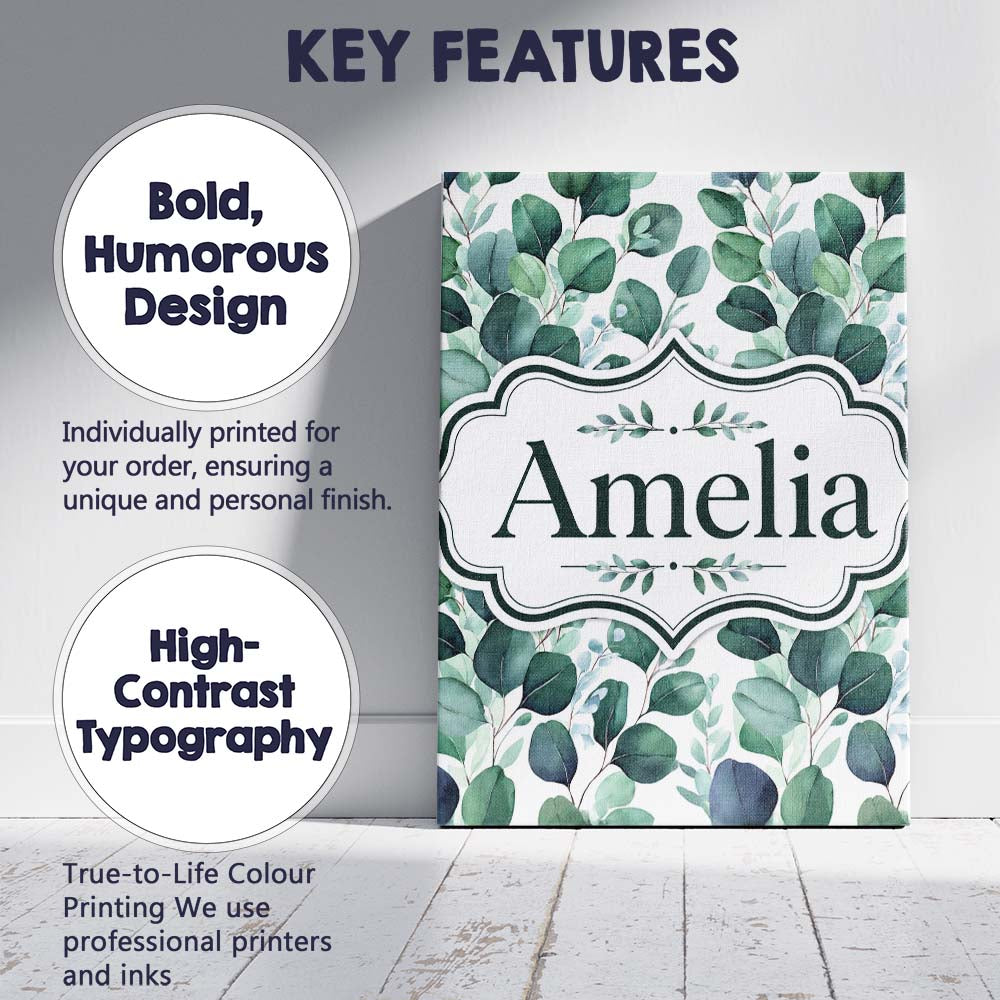Personalised Name Watercolor Eucalyptus Custom  Modern Room Accent Elegant Feature Canvas Wall Art Print Decor Picture Ready to Hang