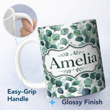 Personalized Custom Name Watercolor Eucalyptus Leaves Soft Botanical Seamless Pattern Name 11oz Ceramic Coffee Tea Mug White Large Handle