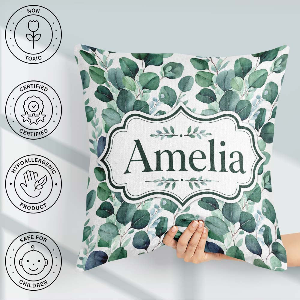 Custom Name Watercolor Eucalyptus Leaves Soft Botanical Seamless Square Filled Cushion Throw Pillow Sofa Bed Home Decor Zip Washable UK Made