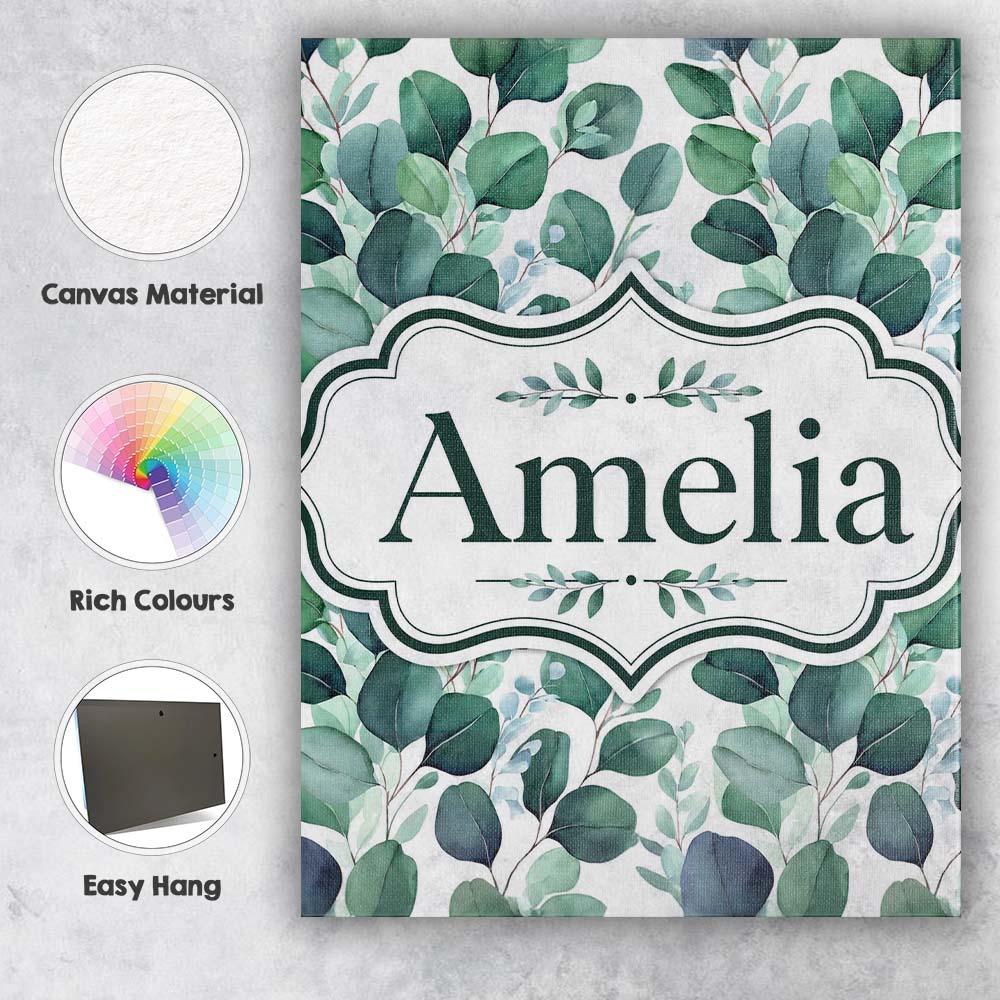 Personalised Name Watercolor Eucalyptus Custom  Modern Room Accent Elegant Feature Canvas Wall Art Print Decor Picture Ready to Hang