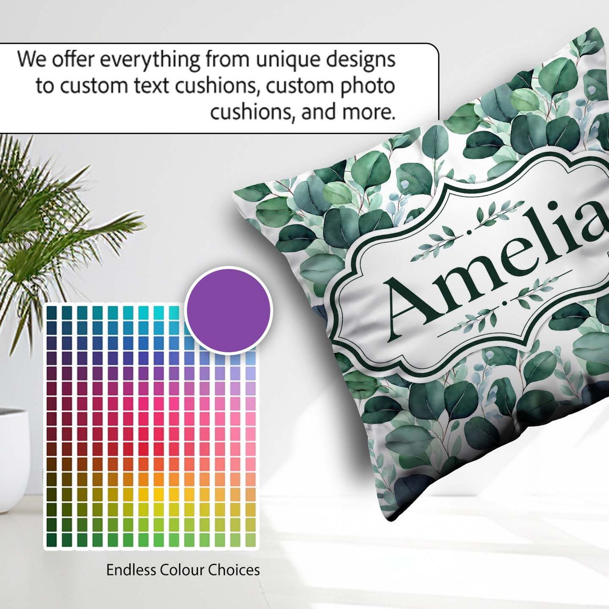 Custom Name Watercolor Eucalyptus Leaves Soft Botanical Seamless Square Filled Cushion Throw Pillow Sofa Bed Home Decor Zip Washable UK Made