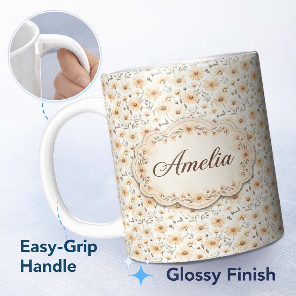 Personalized Custom Name Soft Beige Daisy Floral Botanical Seamless Pattern Cute Unique Gift 11oz Ceramic Coffee Tea Mug White Large Handle